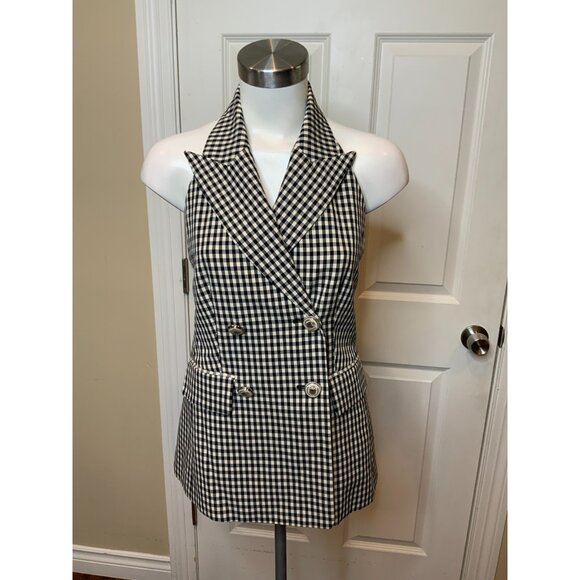 Veronica Beard Enfield Vest" Black & Ecru White Check Collared Size 2, NWT! $598 - Picture 2 of 6